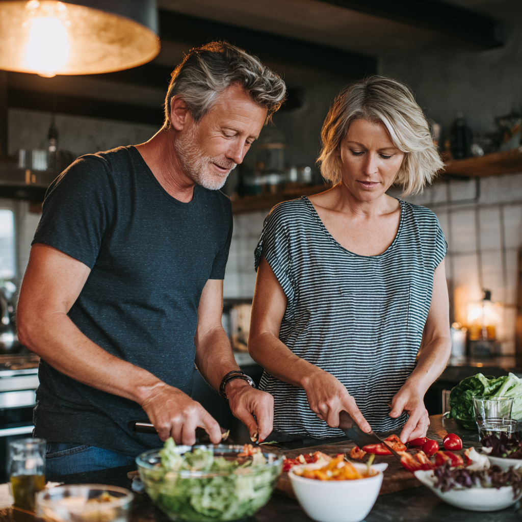 Middle-aged couple preparing healthy meal together in modern kitchen