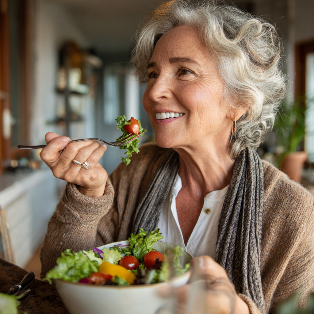 Senior woman enjoying healthy salad meal with satisfied expression